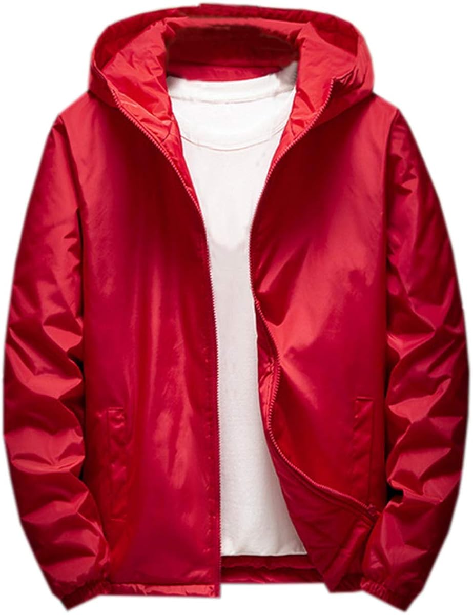 Men's Thicken Cotton Windbreaker Jacket, Winter Casual Warm Hooded Padded Jacket for Men, Red