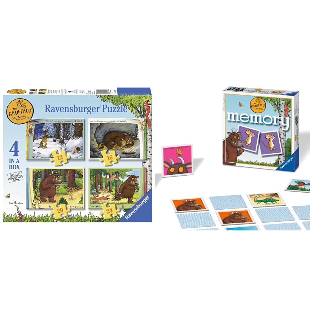 Ravensburger The Gruffalo 4 in Box (12, 16, 20, 24 Pieces) Jigsaw Puzzles for Kids Age 3 Years Up & The Gruffalo Mini Memory Game - Matching Picture Snap Pairs Game For Kids Age 3 Years and Up