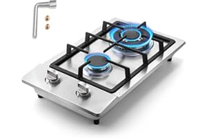 Kiriner Gas Cooktop 2 Burners Gas Stove Top, 12 Inches Portable Stainless Steel Built-in LPG/NG Dual Fuel Gas Hob for Kitchen, RVs, Apartments, Outdoor (L12"×W20")
