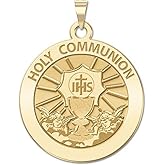 PicturesOnGold.com Holy Communion Religious Medal - 2/3 Inch (Size of a Dime) Solid 14K Yellow Gold