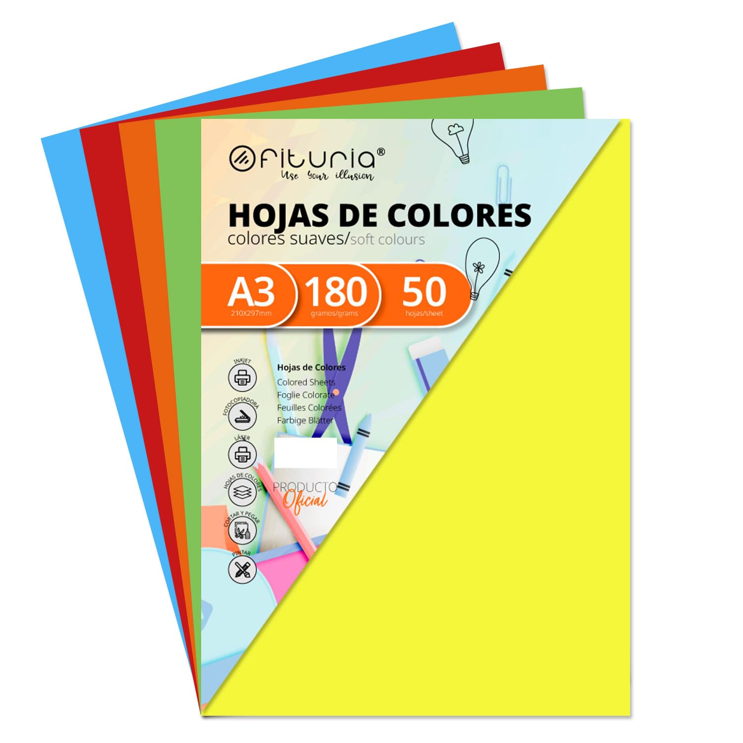 OFITURIA Pack of 50 Soft Coloured Cardstock A3 180 g