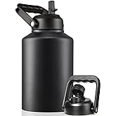 EALGRO Insulated Gallon Water Bottle Jug with Straw, 128 oz Large Stainless Steel Sports Metal Water Canteen With Handle, Thermal Water Cup Mug with 2 Lids, Midnight Black