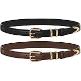 Belle Poque 2 Pack Women Skinny Leather Belts Fashion Ladies Thin Waist Belt with Gold Buckle for Jeans Pants Dresses