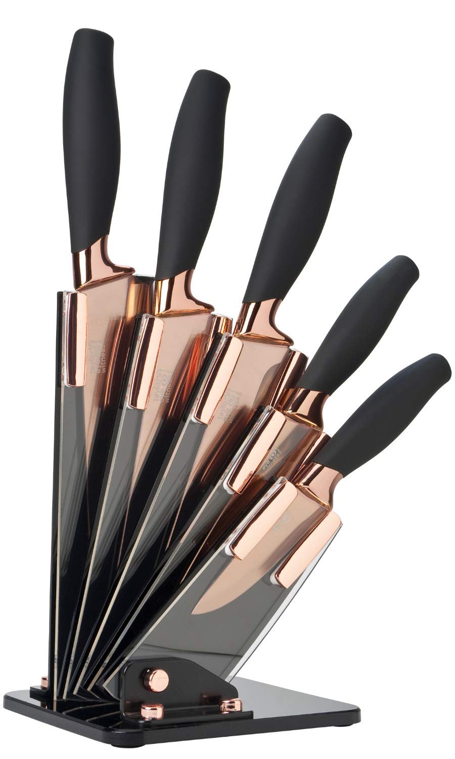 5pc Kitchen Knife Set & Block - Brooklyn by Taylors Eye Witness. Rose Gold Coloured Bolsters, Finely Ground Razor Sharp Stainless Steel Matching Blades. Soft Grip Handles. Modern Fan Shaped Holder.