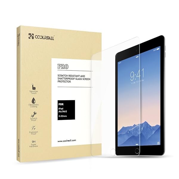 iPad Air 2 Screen Protector, Coolreall Tempered Glass Screen Protector Protective Film for iPad Air / iPad Air 2 / iPad Pro / iPad 5 / iPad 6 (9.7 Inch) [0.33mm Ultra-Clear 9H Hardness] - Transparent