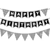 ZZTBTNO Black White Checkerboard Happy Birthday Banner | Birthday Party Decorations