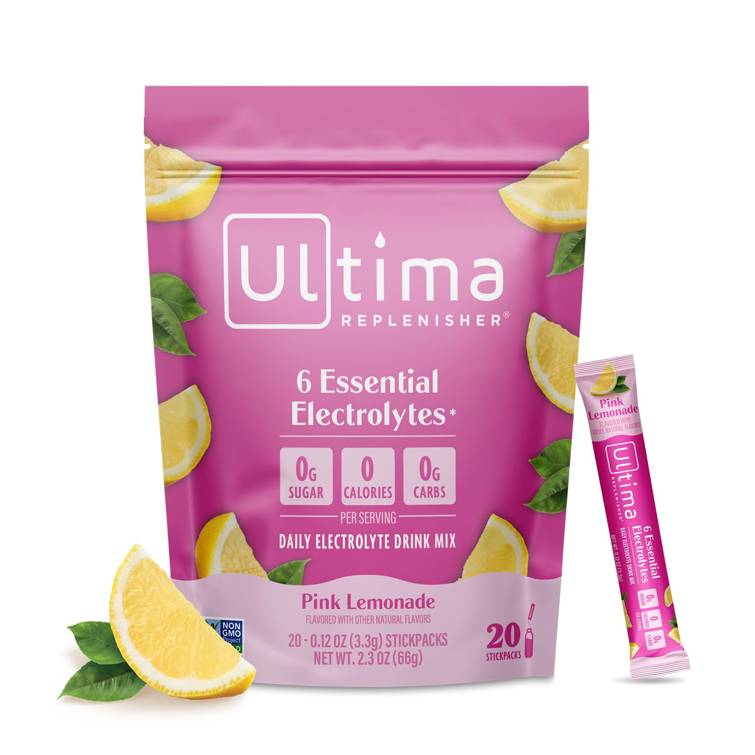 Photo 1 of Ultima Replenisher Daily Electrolyte Powder Drink Mix – Sugar Free – Pink Lemonade, 20 Stickpacks – Hydration Packets with 6 Electrolytes and Trace Minerals – Keto Friendly, Vegan, Non-GMO