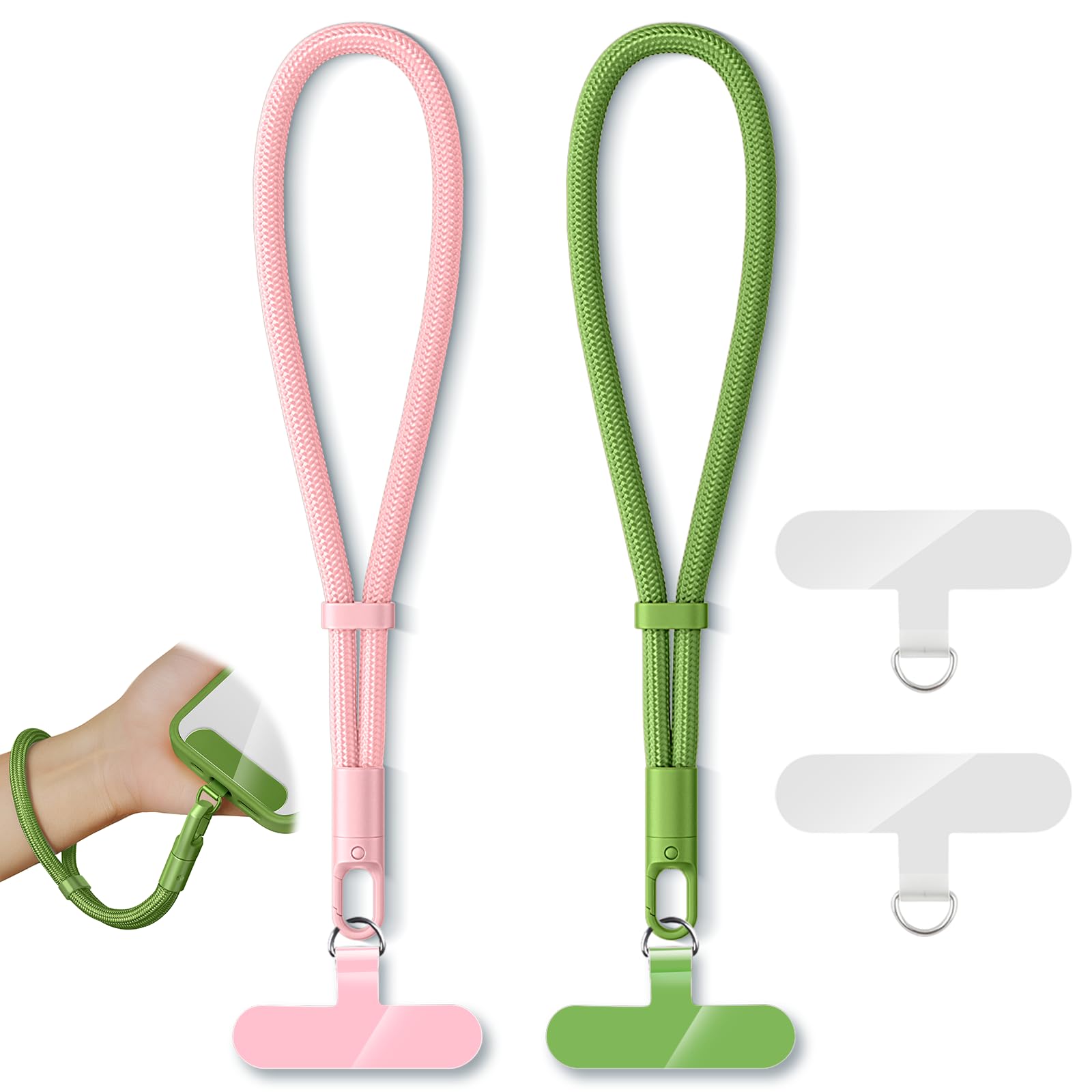 KITANIS 2 Pack Phone Lanyard,2×Phone Wrist Strap,4×Tether Tabs,Universal Cell Phone Multifuctional Patch Polyester Lanyards,Cell Phone Hand Strap for Women and Men(pink+green)