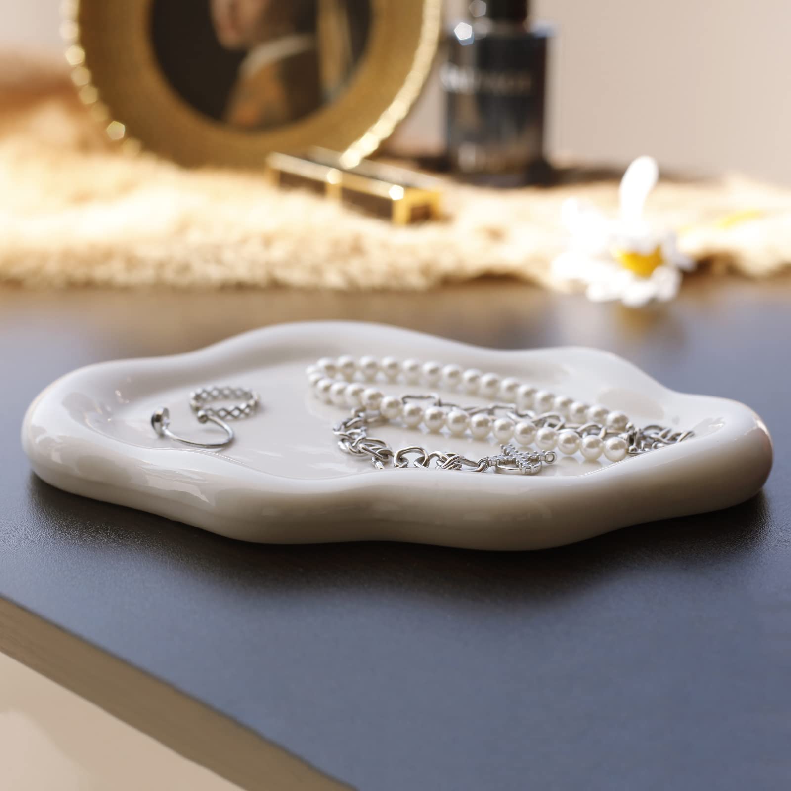 Jewelry Dish Trinket Tray for Women, Ring Dish Holder, Unique Cloud Shape Ceramic Plate Cute Things Vanity Aesthetic Room Decor Mother's Day Birthday (White)
