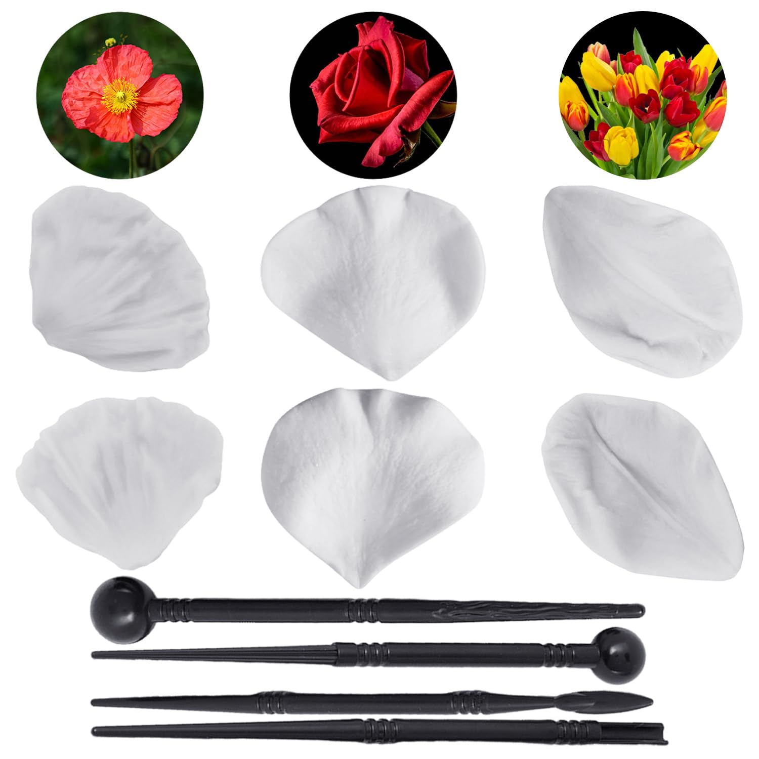 TYGFRT 3 Kinds of Silicone Flower Molds, 4 Fondant Tool Pens, Rose, Gummy, Petal Molds