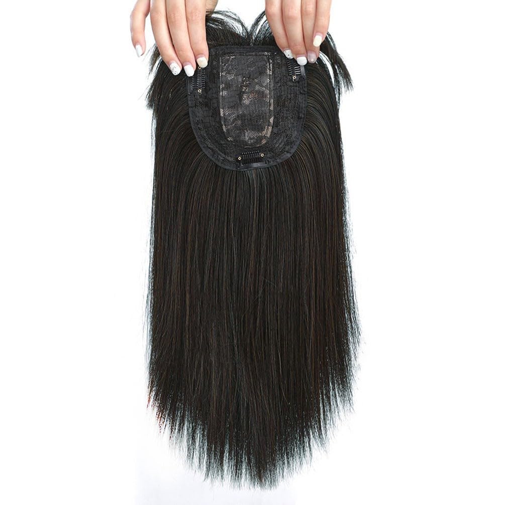 Silk Straight Hair Topper Thick Bangs 16inch Clip in One Piece Invisible Wiglet Head Top Replacement for Women Hair Loss (Off Black)