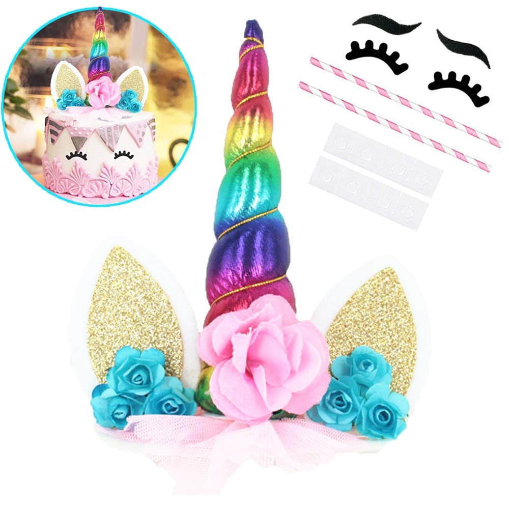 OWill Unicorn Cake Topper with Eyelashes Party Cake Decoration Supplies for Birthday Party Wedding Baby Shower 5.8 inch (Green Flower Multicolour Horn)