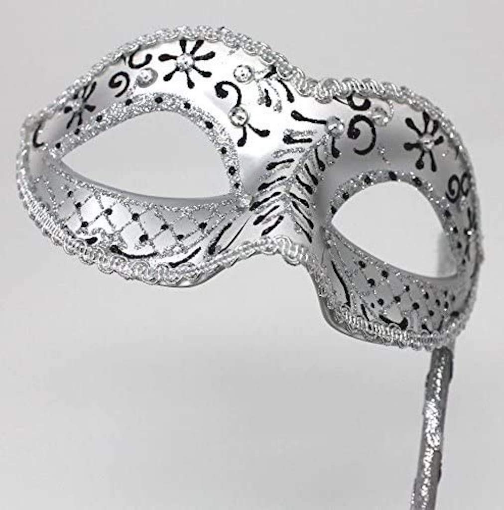LADIES SPARKLING BLACK & SILVER VENETIAN MASQUERADE CARNIVAL PARTY EYE HAND HELD MASK ON A STICK WITH DIAMONTES
