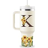 Sunflower Gifts for Women - Monogrammed 40 oz Tumbler with Handle & Straw - Christmas Personalized Gifts for Women, Monogrammed Gift for Mom, Wife, Sister, Friend - Initial Sunflower Tumbler Cup