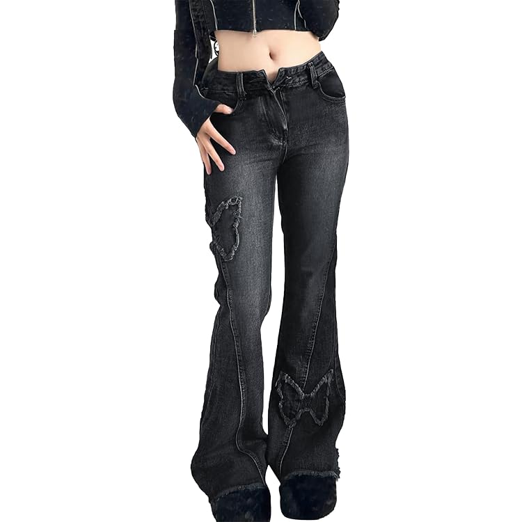 Sunidol Womens Flare Jeans Y2K Butterfly Low Rise Denim Vintage