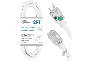 HONDERSON Indoor Outdoor Extension Cord Weatherproof with Lighted End, UL Listed, 14 Gauge 8FT White 3 Prong Heavy Duty, 14/3 SJTW 15A Power Cord for Outdoor Lights, Lawn