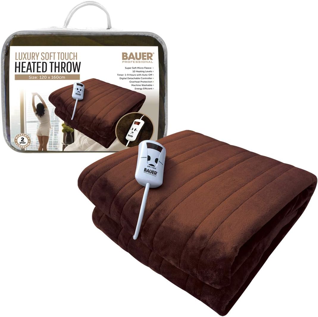 Bauer Professional Electric Heated Throw Blanket, Soft Fleece (120 x 160cm), 10 Heat Settings, 1-9h Timer, Auto Shut-Off