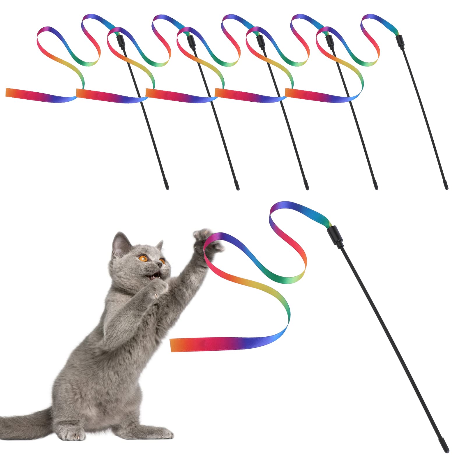 Molain Cat Wand Interactive Toy, 5 Sets Colorful Fabric Ribbon Sticks, Indoor Interactive Cat String Toy