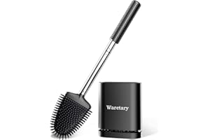 Waretary Toilet Brush and Holder Set, Wall/Foot Mounted Toilet Brush, Silicone Toilet Brush Stainless with Ventilated Quick-Dry Holder, Flexible Toilet Brushes for Bathroom Toilets（Black）