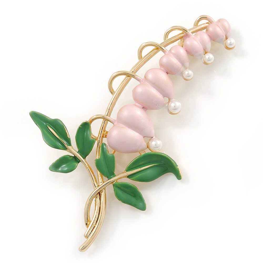 Baby Pink/Green Bleeding Hearts Flower Enamel Brooch In Gold Plating - 80mm L