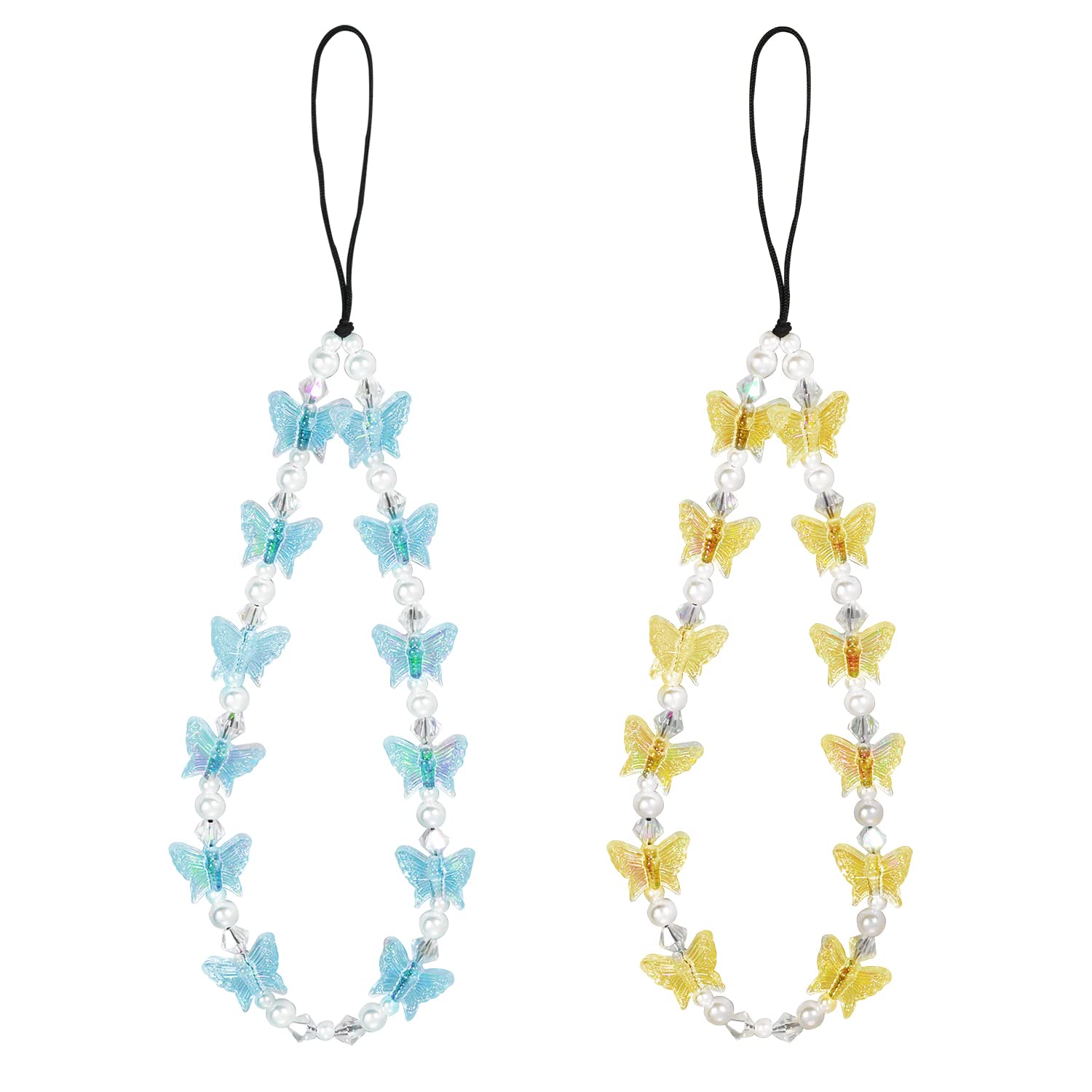 2pcs Beaded Phone Bracelet Strap, Crystal Butterfly Pearl Beaded Phone Charm Chain Strap Hand Wrist Lanyard for Telephone Keychain Charm for Women Girls (Blue, Yellow)