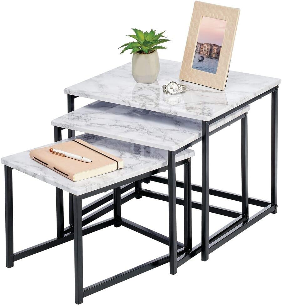 mDesign Modern Farmhouse Nesting Side/End Table - Metal Wood Design - Sturdy Vintage, Rustic, Industrial Home Decor Accent Furniture for Living Room, Bedroom - Set of 3 - Marble/Black