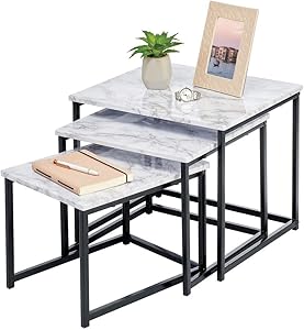 mDesign Modern Farmhouse Nesting Side/End Table - Metal Wood Design - Sturdy Vintage, Rustic, Industrial Home Decor Accent Furniture for Living Room, Bedroom - Set of 3 - Marble/Black