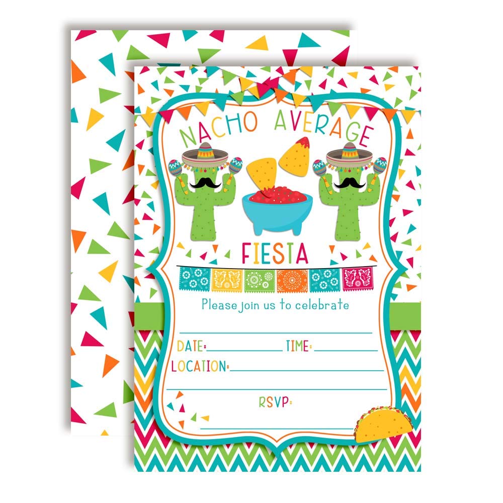 Nacho Average Party Chips, Dip & Taco Themed Fiesta Birthday Party Invitations, 20 5x7 Fill In Cards with Twenty White Envelopes by AmandaCreation