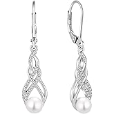 BELRYO Pearl Earrings Gifts for Women, Christmas Gifts, 925 Sterling Silver Infinity Leverback Dangle Earrings with Cubic Zirconia, 6MM Freshwater Cultured Pearl Jewelry, Christmas Earrings for Women