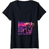 Women's The Official 1981 MTV Logo with Purple Palms in the Sunset V-Neck T-Shirt