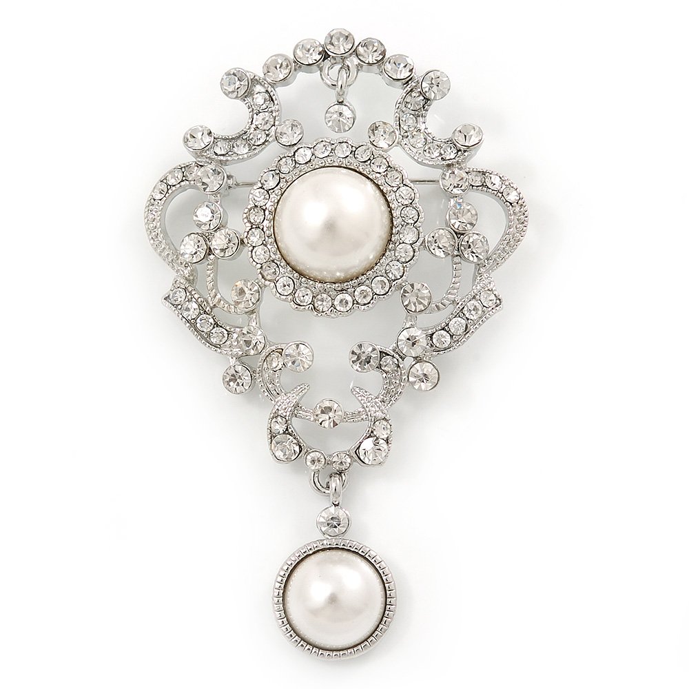 Bridal/Wedding/Prom Austrian Crystal, Imitation Pearl Charm Brooch In Rhodium Plating - 80mm L