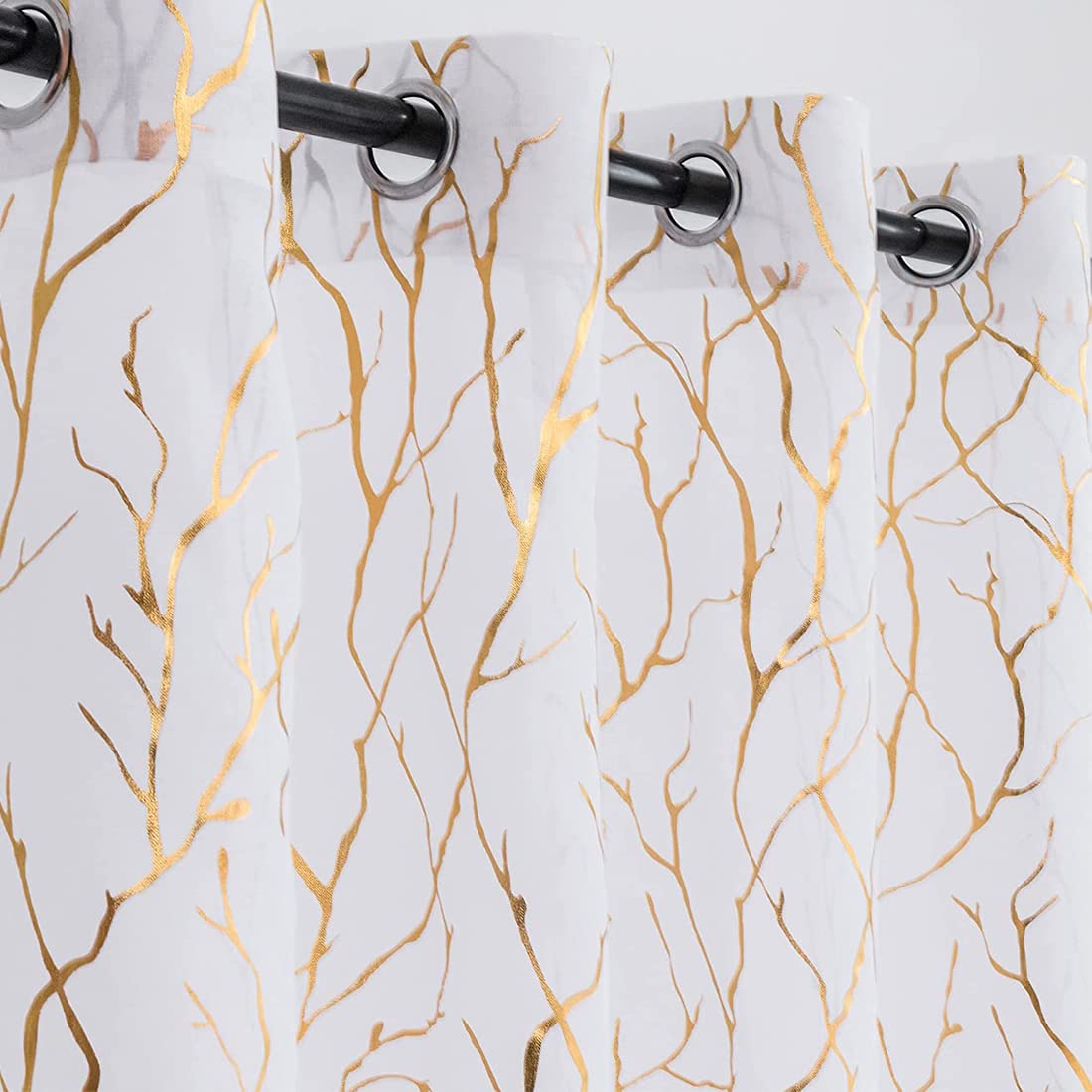 Kotile Gold White Sheer Curtains - Metallic Gold Foil Printed Tree Branch Curtains Grommet Top Window Light Filter Curtains 84 Inch Length, 52 x 84 Inches, 2 Panels, White Gold — image 1