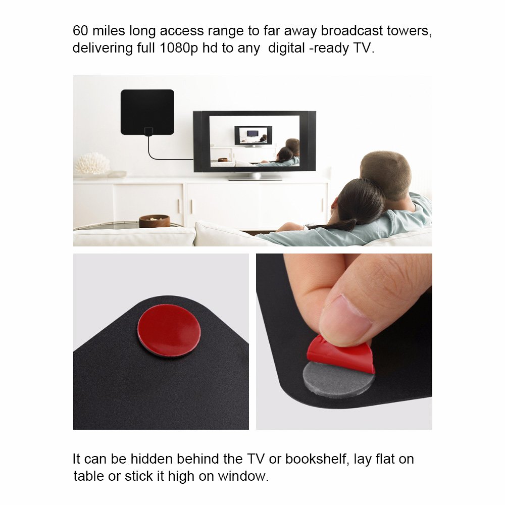 Indoor TV Aerial 0.6 mm freeview box with aerial booster (60+ Miles 1080P VHF/UHF/FM Indoor Aerials)