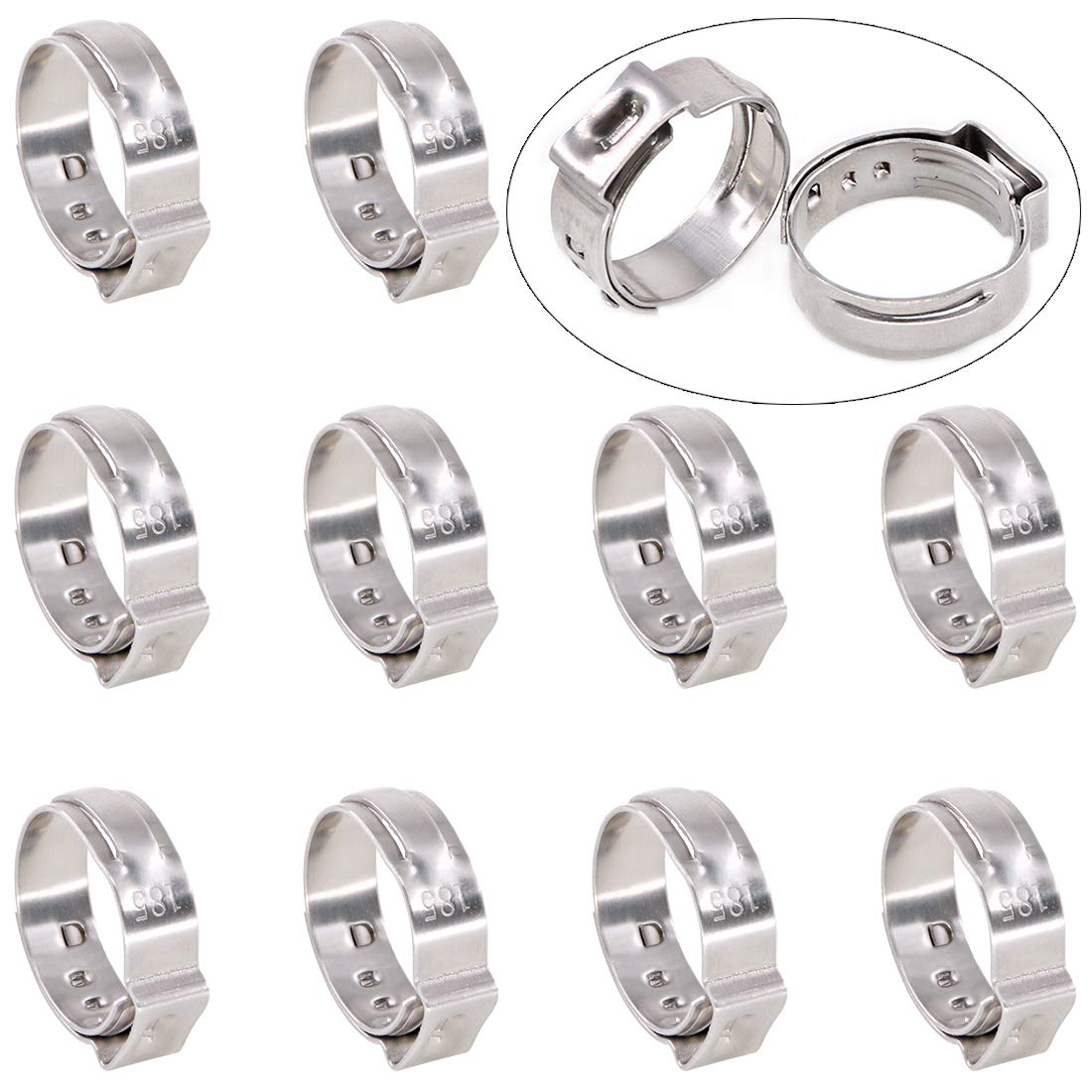Swpeet 35Pcs 15.3-18.5mm 304 Stainless Steel Single Ear Hose Clamps, Crimp Hose Clamp Assortment Kit Ear Cinch Rings Crimp Pinch Fitting Tools Perfect for Automotive, Home Appliance Line