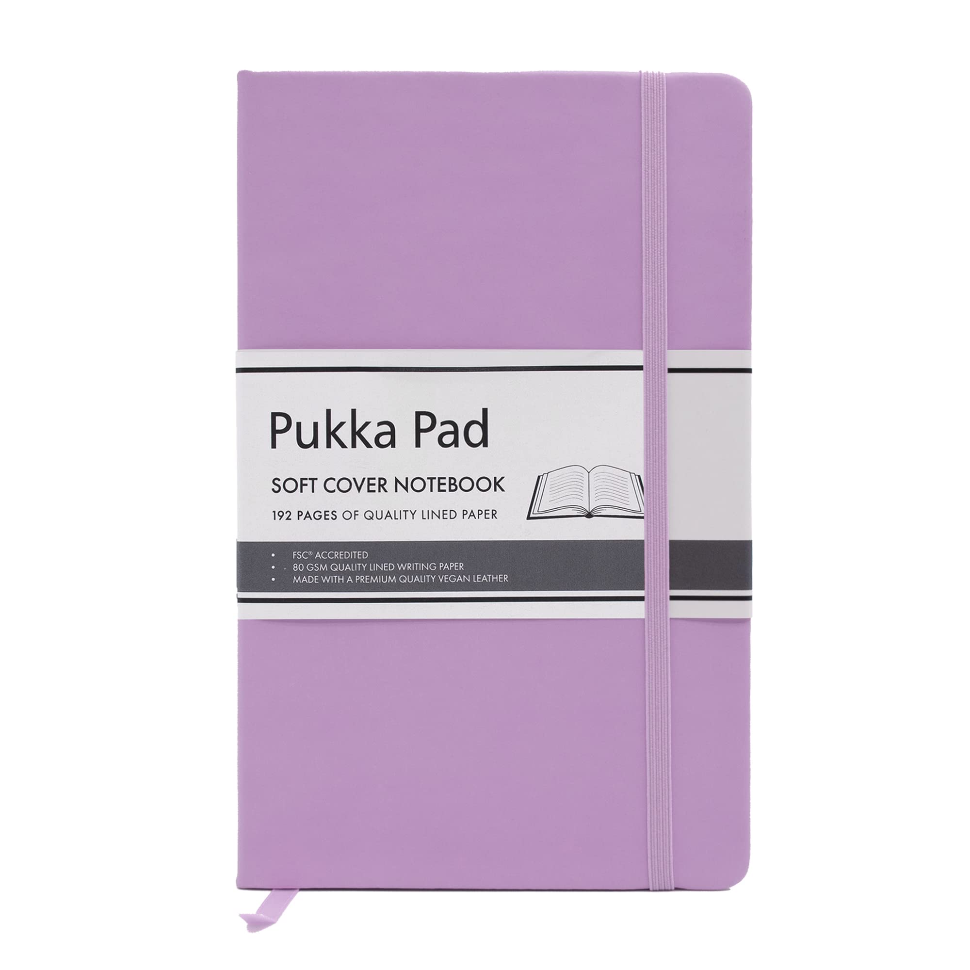 Pukka Pad, Soft Cover Notebook – 192 Pages of 80GSM Acid-Free Lined Paper – Vegan Leather Cover with Inner Pocket, Ribbon Bookmark, and Elasticated Closure – 130 x 210mm, Purple