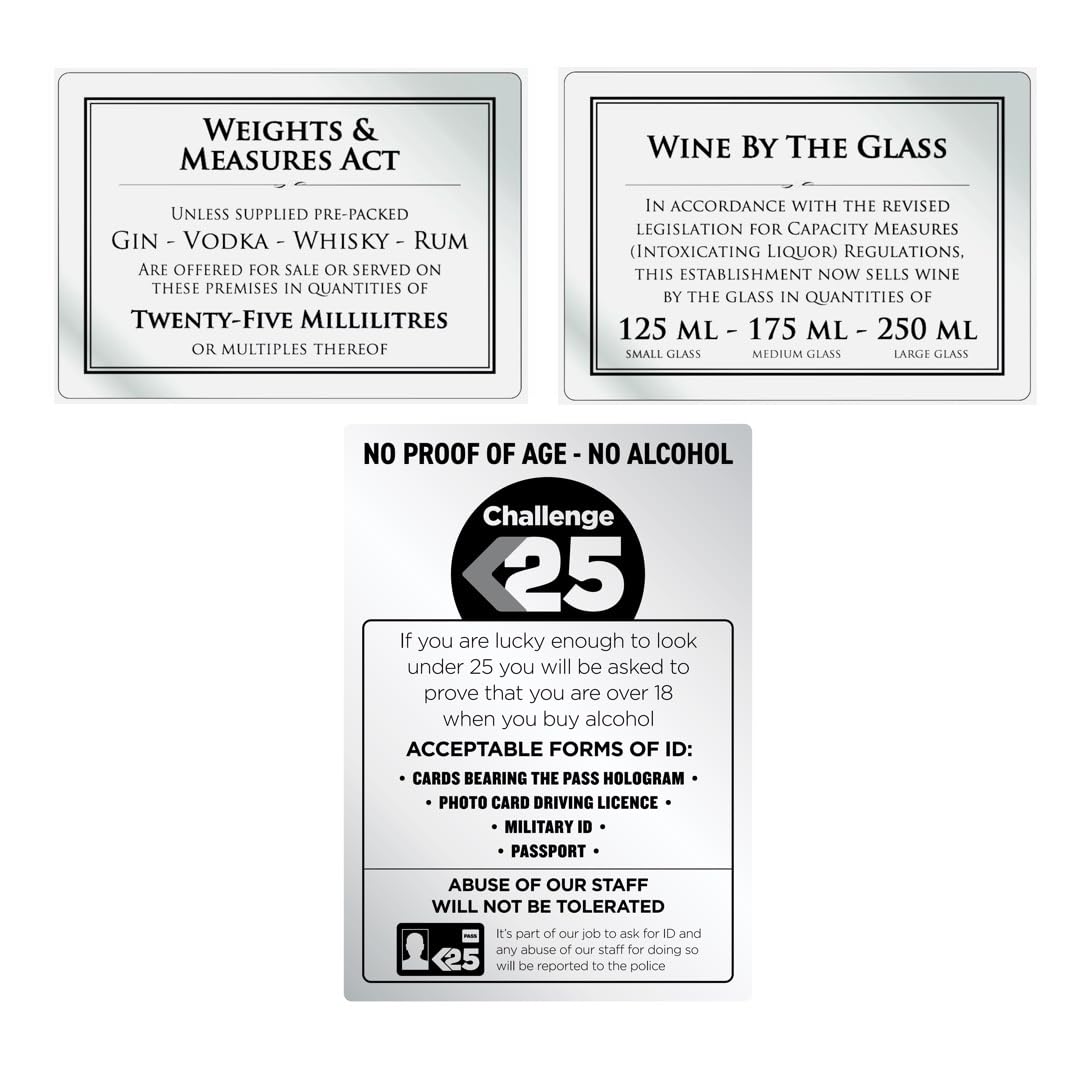 Essential Bar Licensing Pack - Aluminium Challenge 25 Sign, No Proof of Age, No Alcohol, Spirit Measures 25ml - Pub Restaurant Catering Silver
