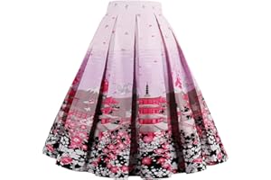 Dressever Women's Vintage A-line Printed Pleated Flared Midi Skirts