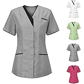 Women's V-Neck Scrub Top with Snap Front, 3 Pocket 2-Way Stretch V Neck Short Sleeve Work Clothes Nurse Uniforms