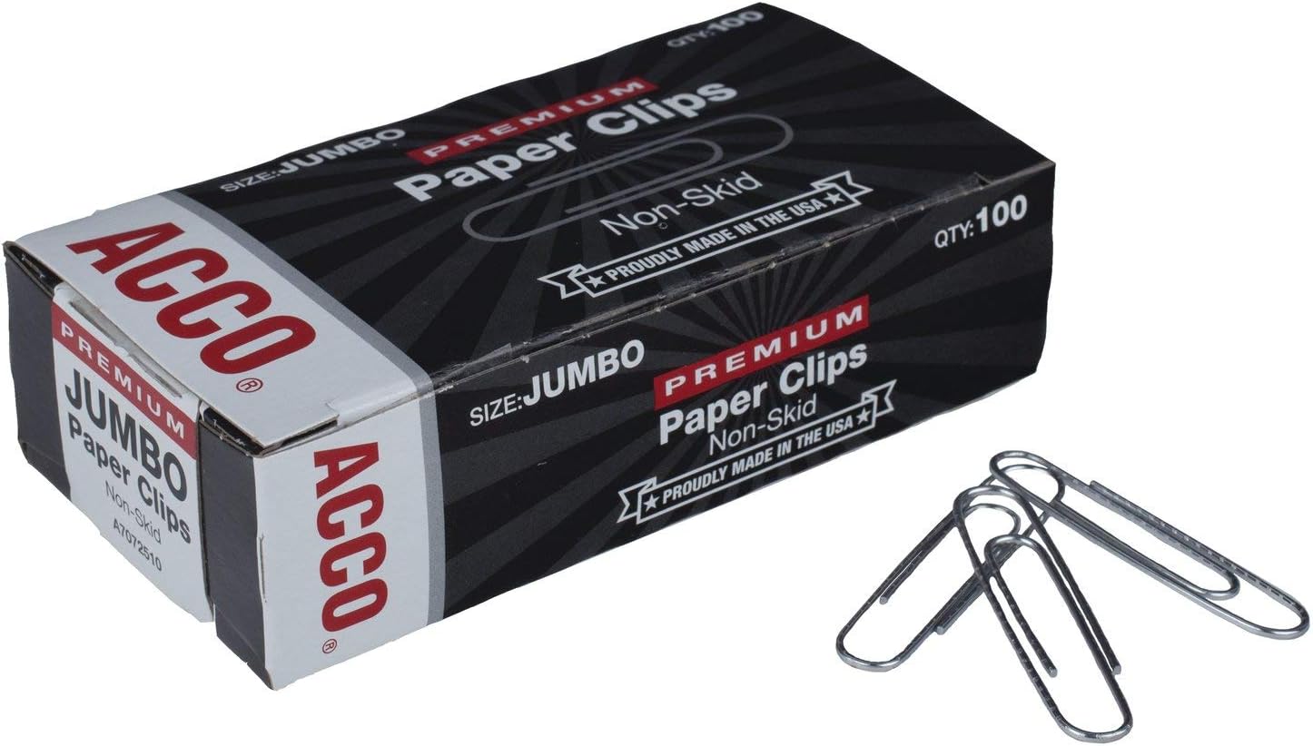 ACCO Jumbo Paper Clips, Non-Skid, Premium, Steel Wire, 20 Sheet Capacity, Silver, 1 Box of 100 Clips (A7072510) : Office Products