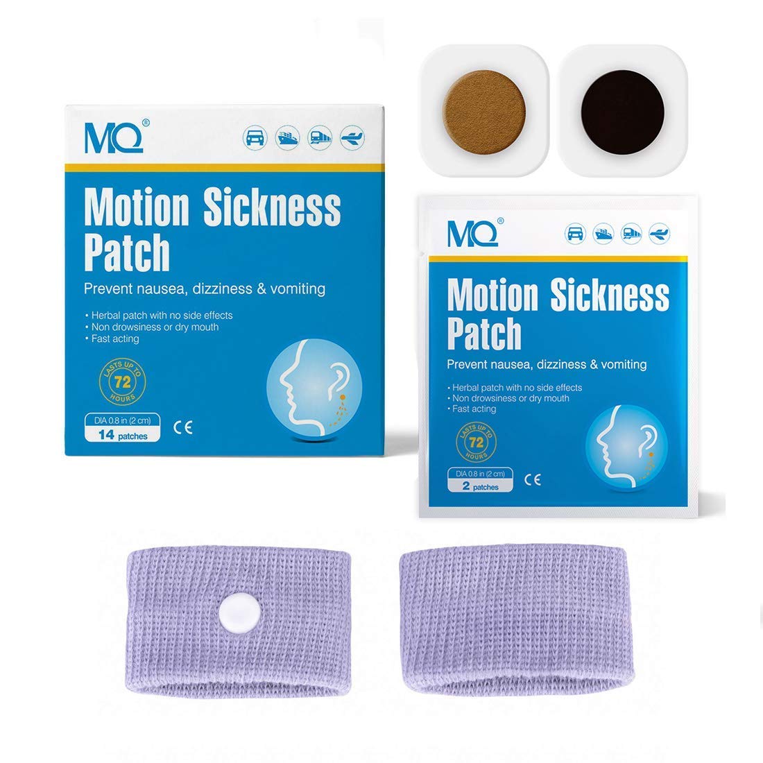 MQ Motion Sickness Patches with 2 Pairs of Wristbands - for Nausea, Dizziness & Vomiting from Motion Sickness, Fast Acting, and No Side Effects (14)