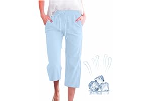 MaMiDay Linen Capri Pants for Women Drawstring Waisted Pants Summer Casual Loose Wide Leg Trousers Cropped Pants with Pockets