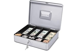 Flexzion Cash Box with Money Tray and Lock - Metal Cash Box for Small Businesses, 9-Compartment Silver Money Box with Removable Tray and Key, Portable Storage for Checks and Coins