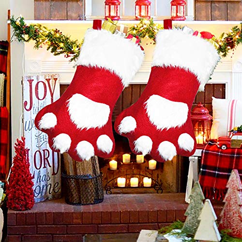 Malier Christmas Stockings Cute Cat Dog Paw Hanging Socks for Holiday and Xmas Decorations Fireplace Hanging Ornament,17x11 Inches - Red - Thumbnail 2