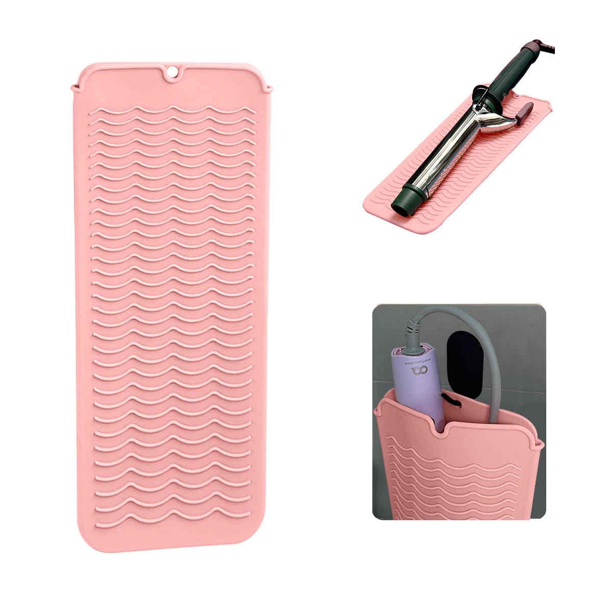 Heat Resistant Silicone Mat with Hanging Hole, Straightener Heat Resistant Travel Mat & Pouch for Curling Iron, Flat Iron and Other Hot Hair Styling Tools, 11 x 5 in, Pink