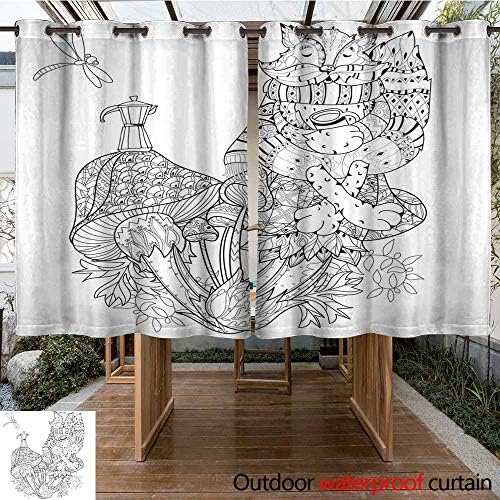 RenteriaDecor Outdoor Curtains for Patio Sheer Hand Drawn Doodle Outline Magic Mushrooms W108 x L72