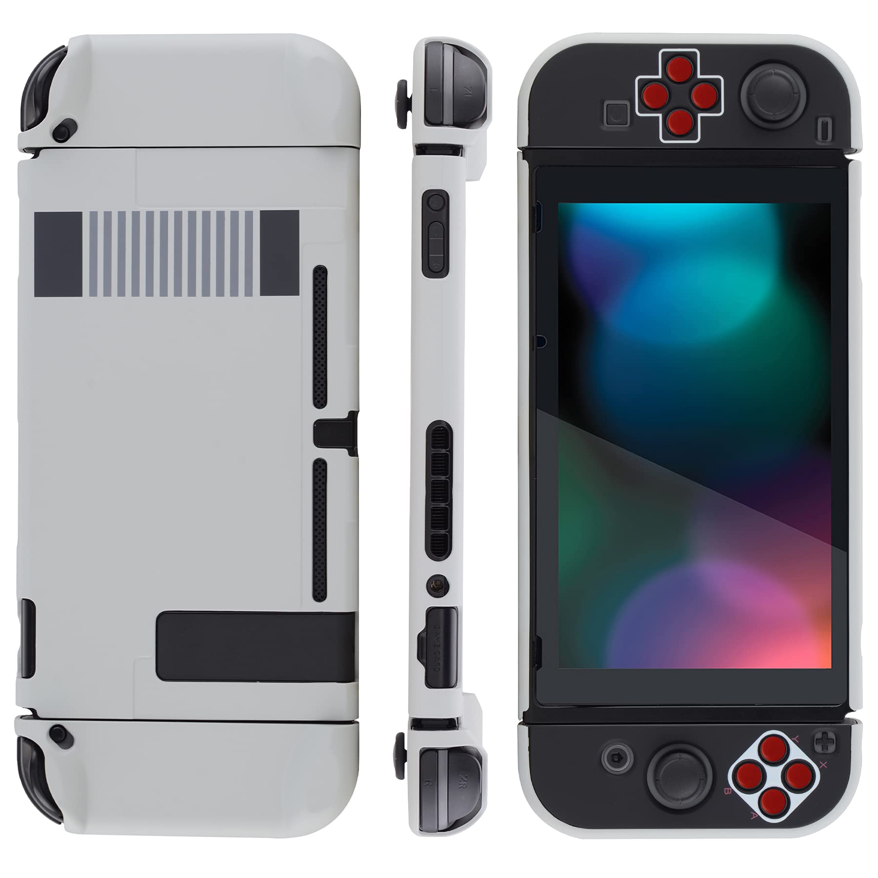eXtremeRate PlayVital Back Cover for Nintendo Switch Console, NS Joycon Handheld Controller Protector Hard Shell, Dockable Protective Case with Red ABXY Direction Button Caps - Classics NES Style