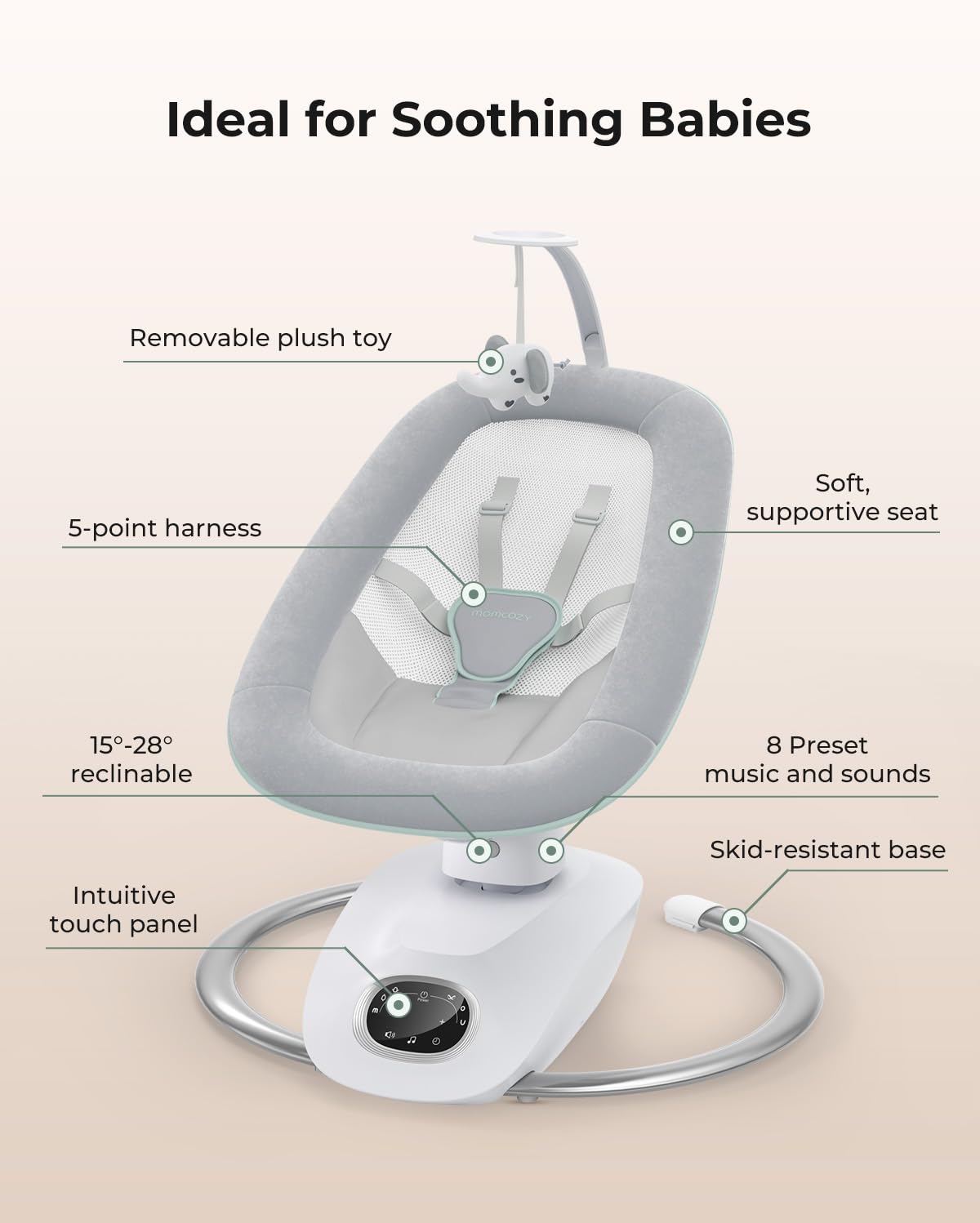 Momcozy CocoSway 3D-Motion Baby Swing for Infants to Toddlers, 6 Motion Modes & 4 Speeds, 180° Rotating Seat, Remote Control, Reclining Seat with 5-Point Harness, 8 Preset Lullabies, Grey