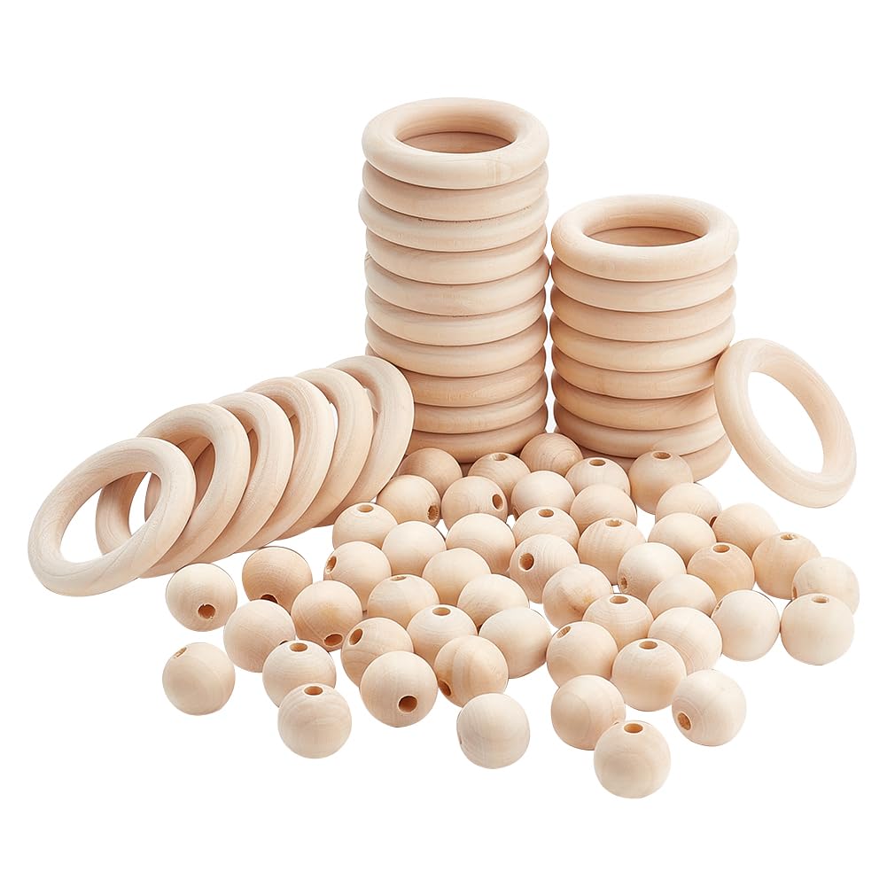 PandaHall 75pcs Christmas Macrame Kit, Natural Wood Rings Wooden Beads Xmas Wooden Balls for Christmas Ornaments DIY Crafts Wedding Decorations Wall Hanging Jewellery Making