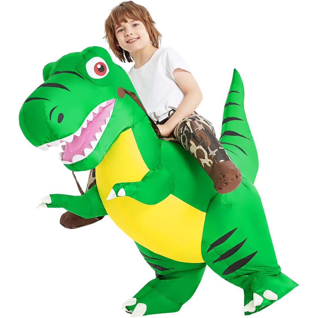 Photo 1 of COMIN Inflatable Dinosaur Costume Kids, Ride on T-rex Blow Up Dino Costume Green Funny Dress for Halloween Party 4-6Y