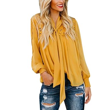 Damen Elegant Bluse Chiffon Bluse Rundhals Spitzenbluse Lace Bluse mit Trompetenärmel Damen Schöne Floraler Blusen Frauen Lan